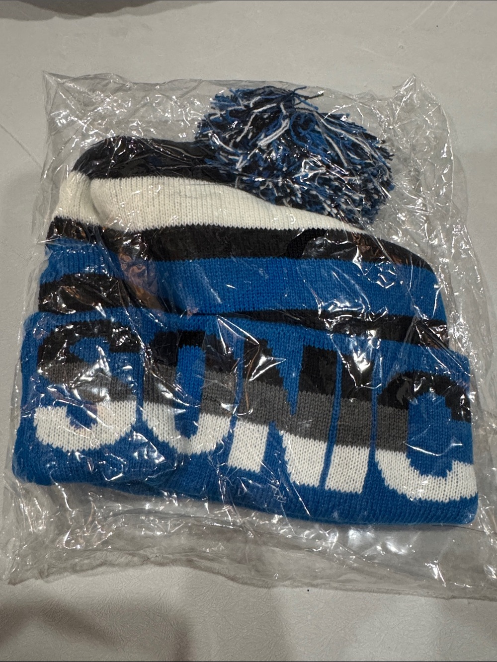 Striped Kids Pom Pom Beanie in Blue, Black & White